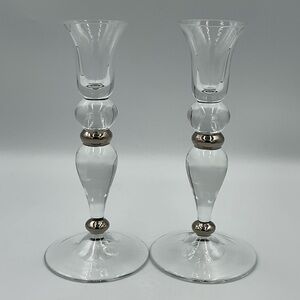 Vintage Bombay Clear Glass Candlestick Holders with Silver-Tone Accents